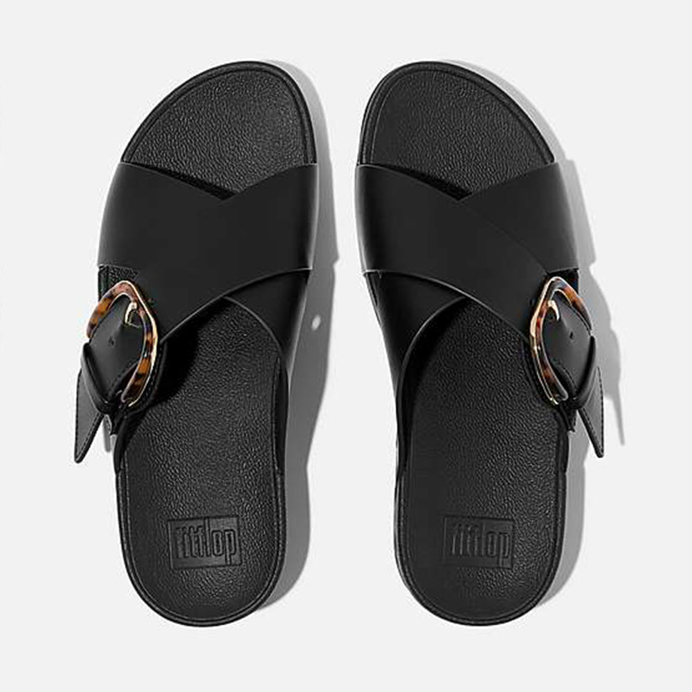 '- ["Ciabatte","Donna","FitFlop","PE25","Scarpe"] - Fitflop Ciabatte Lulu Resin Buckle Leather Cross Slides All Black - Lupis SRL