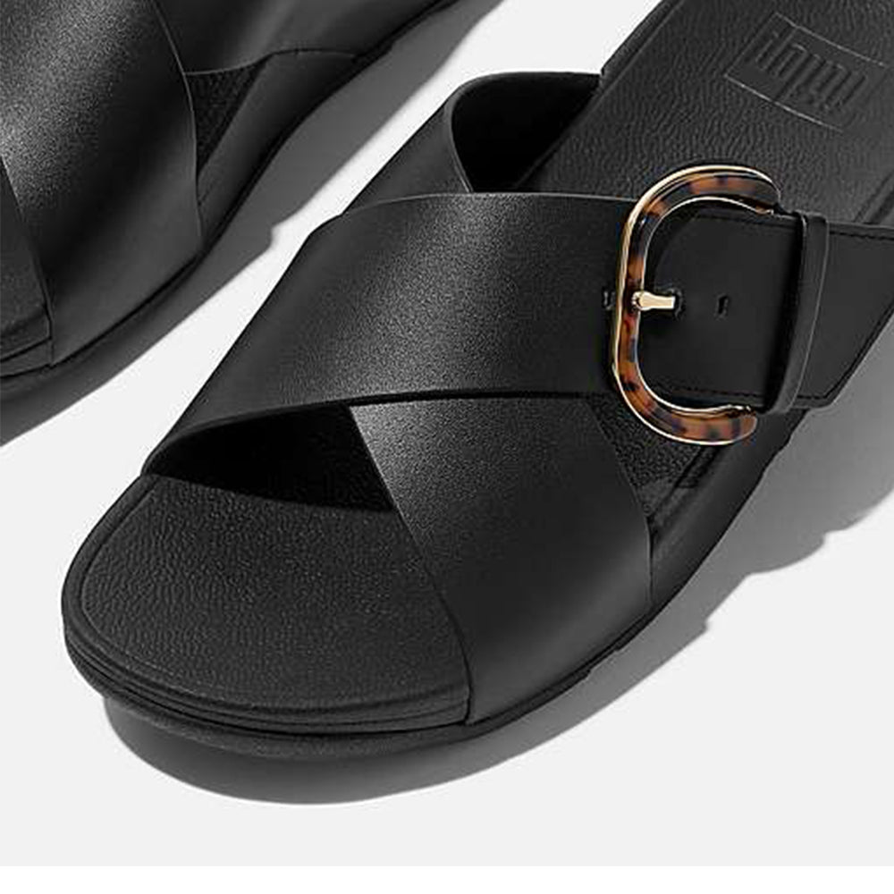'- ["Ciabatte","Donna","FitFlop","PE25","Scarpe"] - Fitflop Ciabatte Lulu Resin Buckle Leather Cross Slides All Black - Lupis SRL