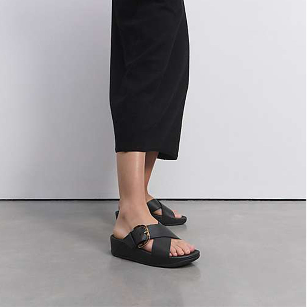 '- ["Ciabatte","Donna","FitFlop","PE25","Scarpe"] - Fitflop Ciabatte Lulu Resin Buckle Leather Cross Slides All Black - Lupis SRL