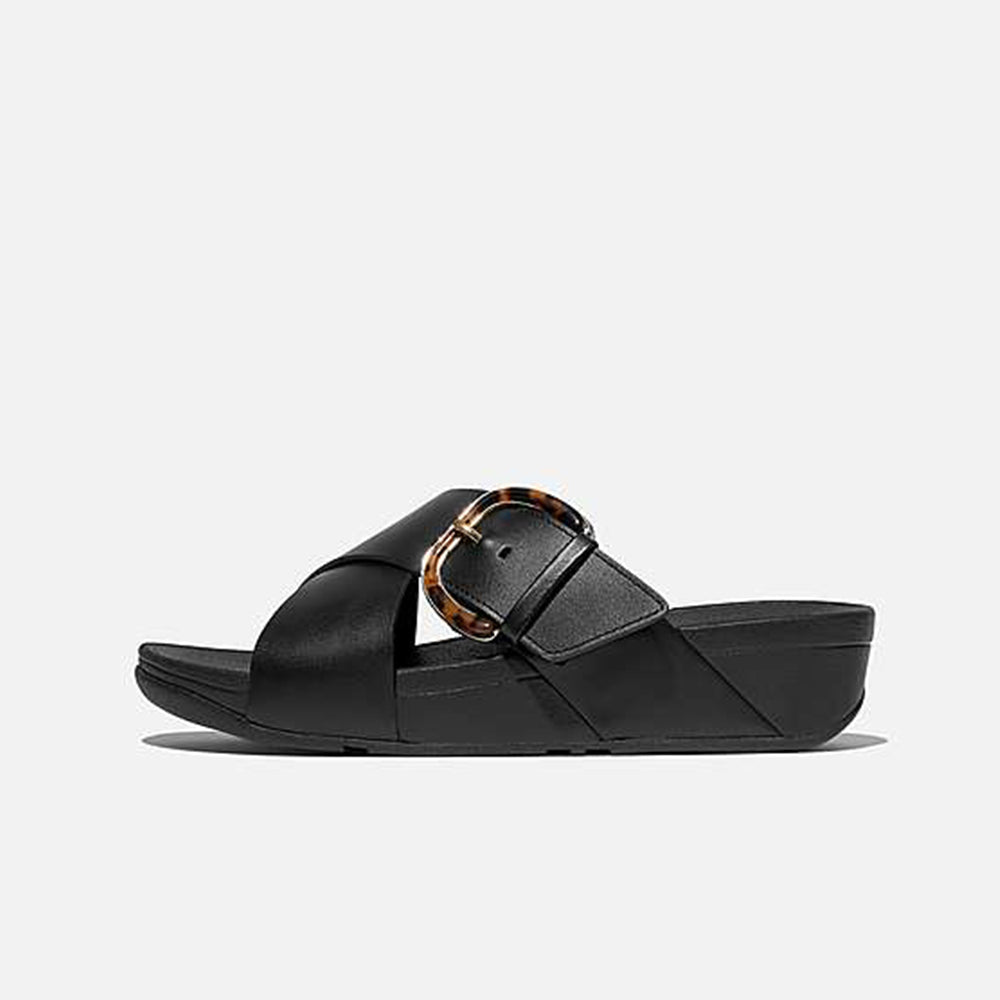 '- ["Ciabatte","Donna","FitFlop","PE25","Scarpe"] - Fitflop Ciabatte Lulu Resin Buckle Leather Cross Slides All Black - Lupis SRL