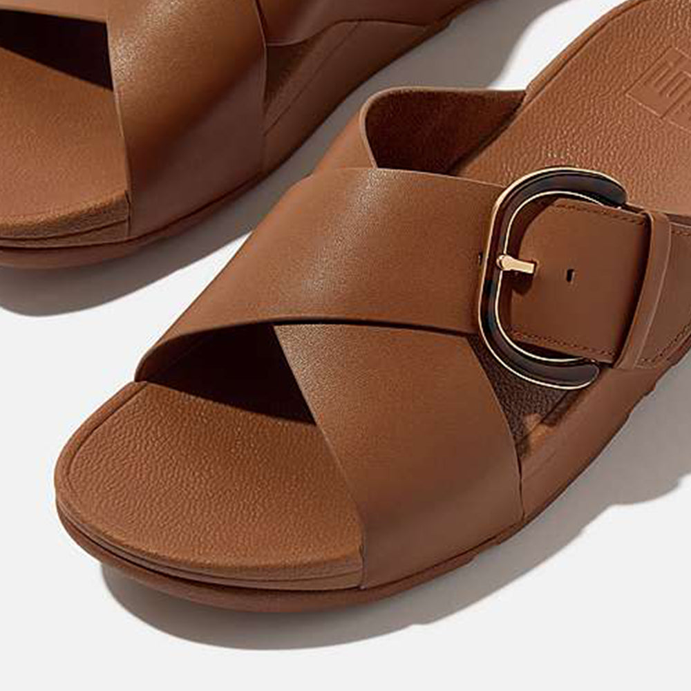 '- ["Ciabatte","Donna","FitFlop","PE25"] - Fitflop Ciabatte Lulu Resin Buckle Leather Cross Slides Deep Tan - Lupis SRL