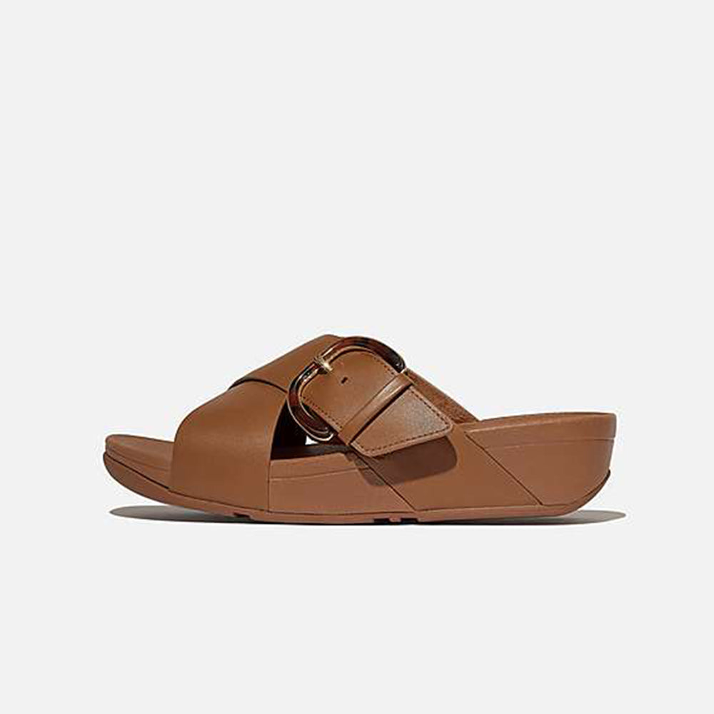 '- ["Ciabatte","Donna","FitFlop","PE25"] - Fitflop Ciabatte Lulu Resin Buckle Leather Cross Slides Deep Tan - Lupis SRL