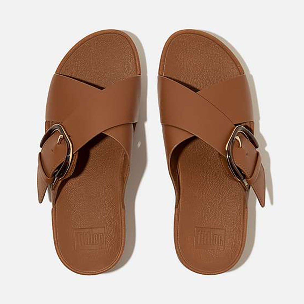 '- ["Ciabatte","Donna","FitFlop","PE25"] - Fitflop Ciabatte Lulu Resin Buckle Leather Cross Slides Deep Tan - Lupis SRL