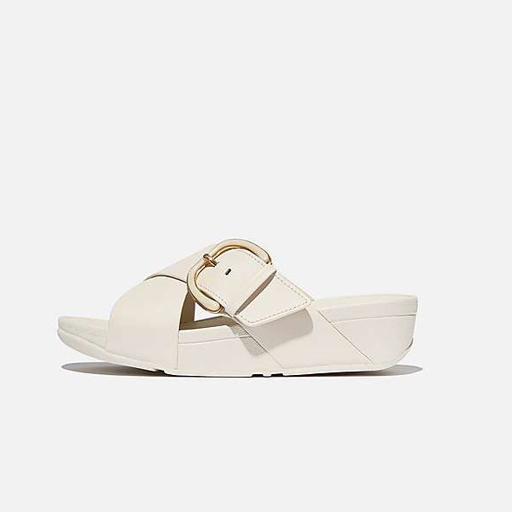 '- ["Ciabatte","Donna","FitFlop","PE25","Scarpe"] - Fitflop Ciabatte Lulu Resin Buckle Leather Cross Slides Paris Beige - Lupis SRL