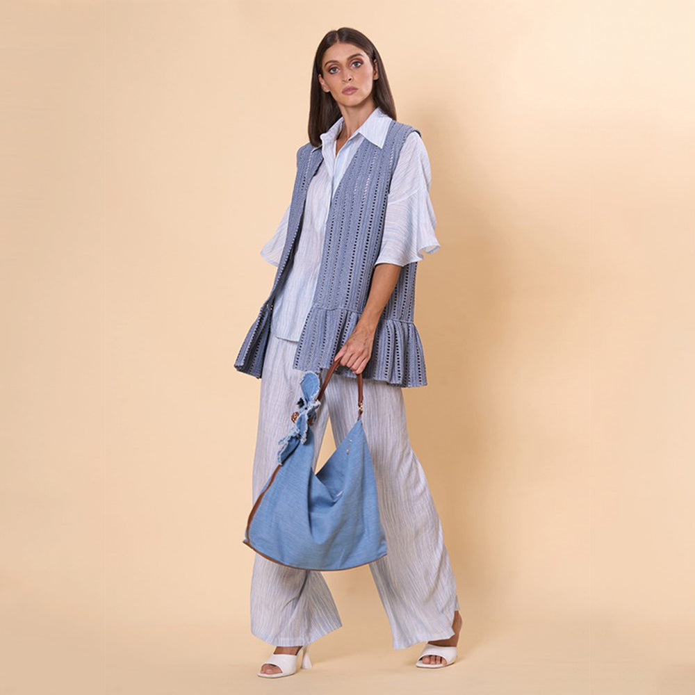 '- ["Abbigliamento","Artigianato","Donna","Giacche","Kontessa","PE25"] - Gilet Con Rouche L'Avventura Denim Kontessa - Lupis SRL