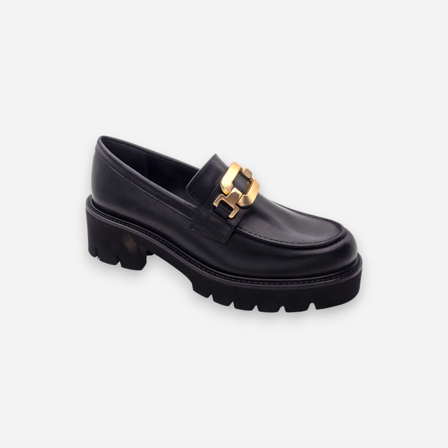 Eva Picci Women's Heeled Loafers in Black Leather Tiffany 3027