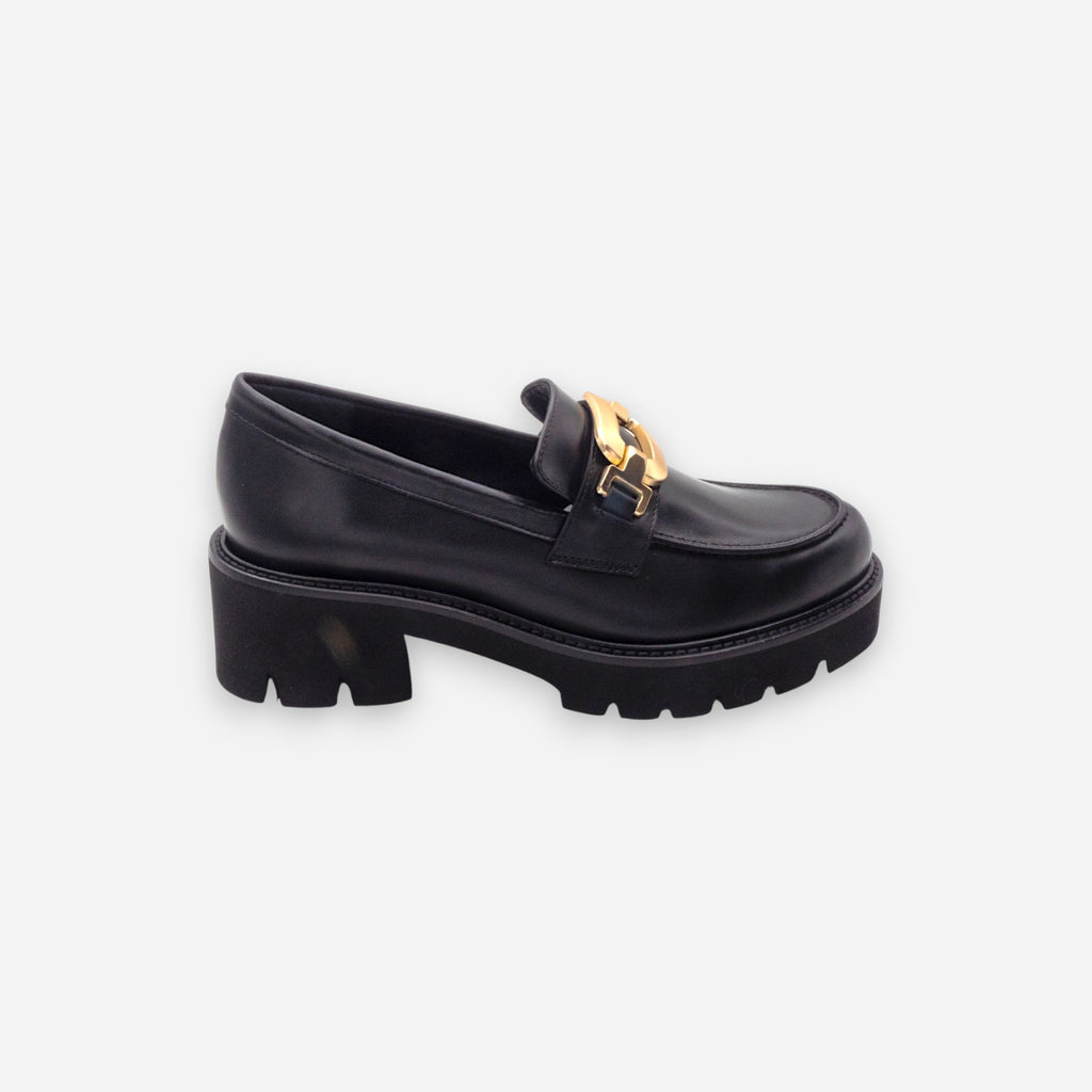 Eva Picci Women's Heeled Loafers in Black Leather Tiffany 3027