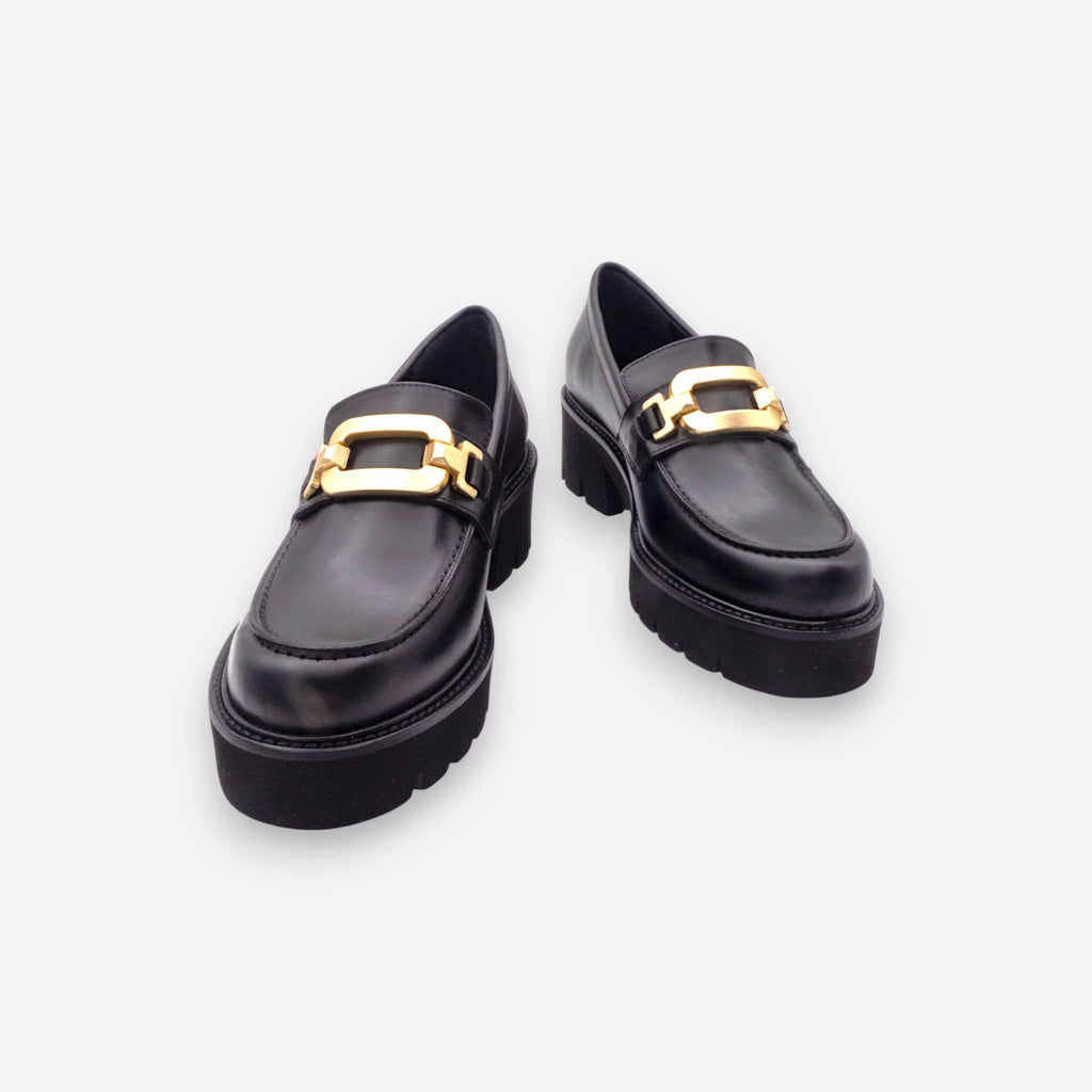 Eva Picci Women's Heeled Loafers in Black Leather Tiffany 3027